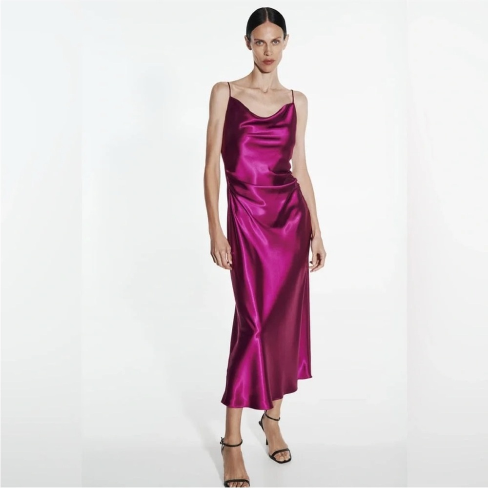 Zara Magenta Purple Satin Effect Midi Slip Dress Size Small NWOT